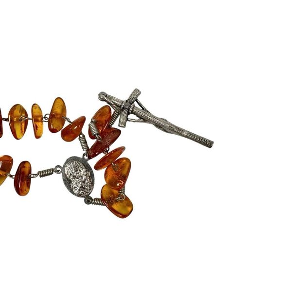 Vintage Amber Catholic Rosary Silver Wire Pocket Prayer Crucifix Jesus Italy - Picture 5 of 6